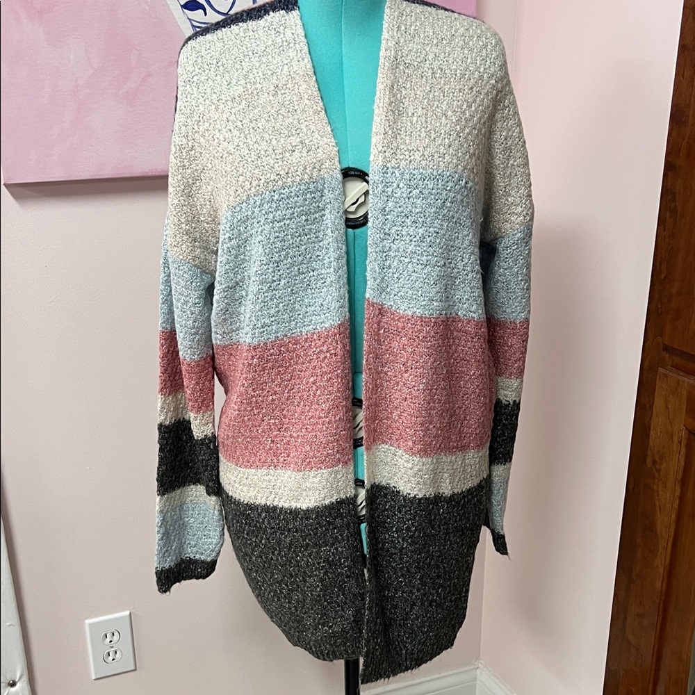 Hem & Thread Bouclé Open-Front Striped Cardigan in Pink, Blue, Cream, Charcoal